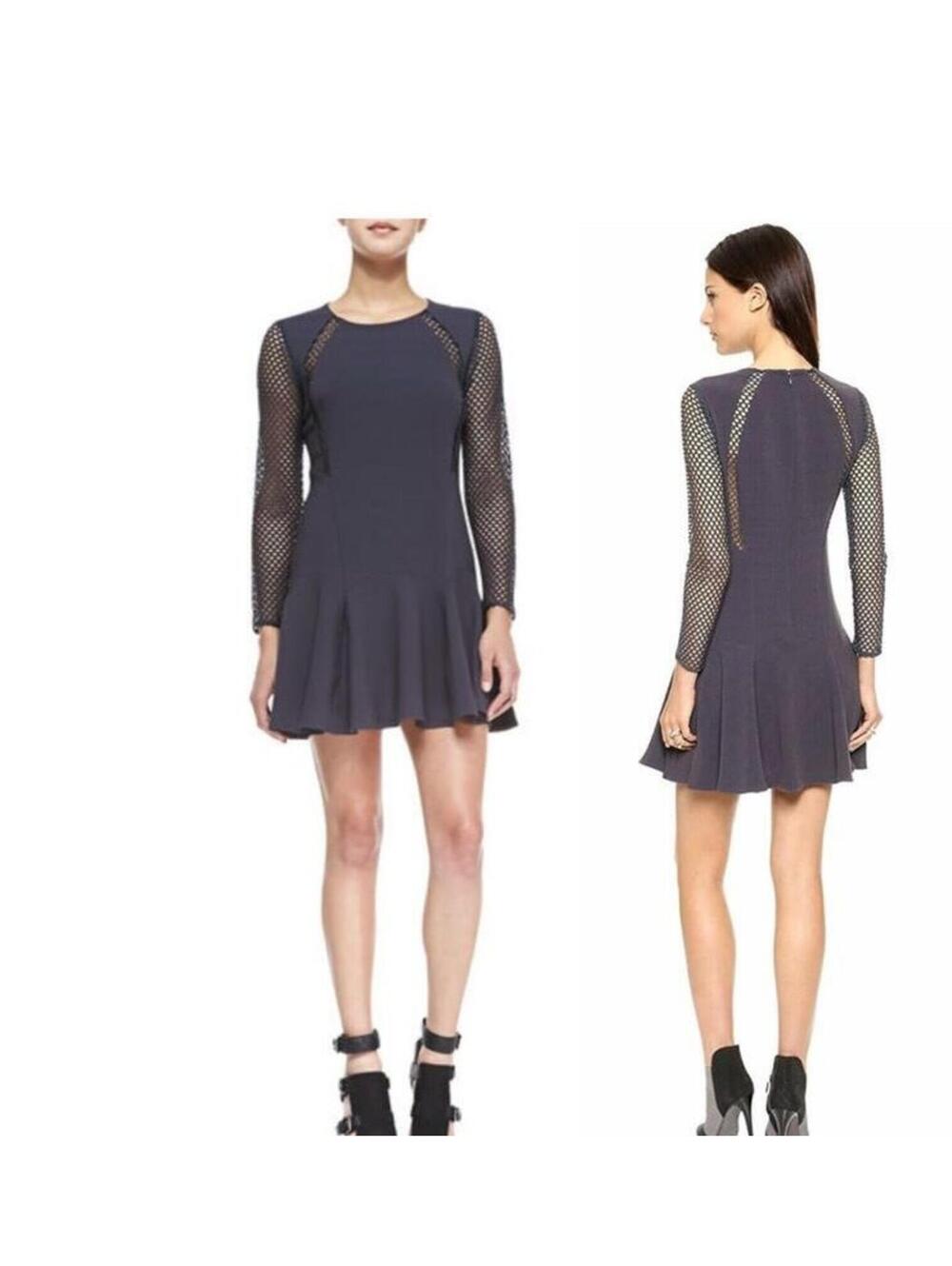 Rebecca Taylor Stormy Gray Mini Dress Mesh Accents Pleated Flounce Hem Size 8